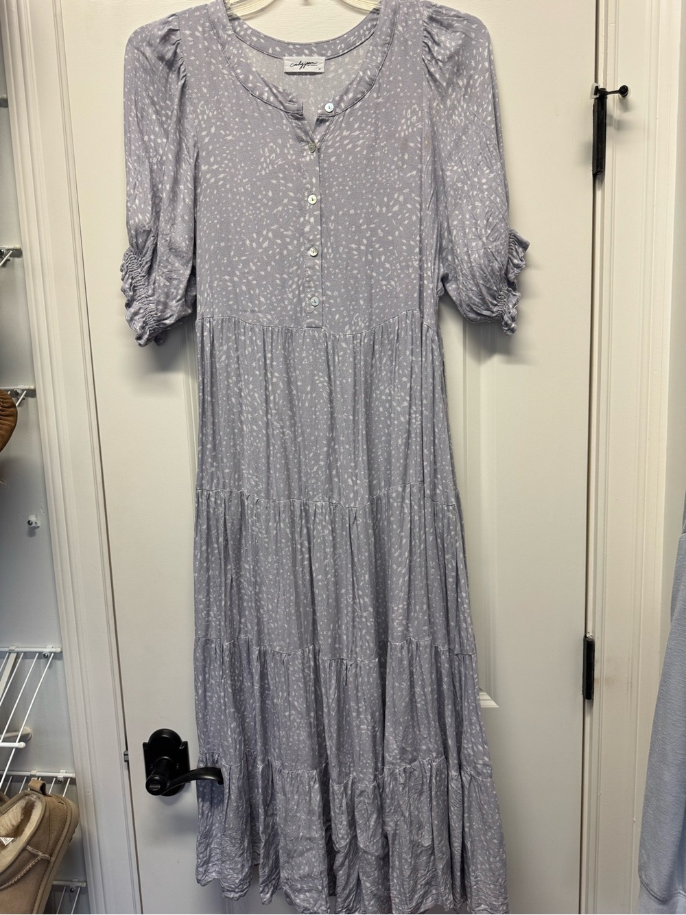 Carly Jean Los Angeles Light Gray Tiered Maxi Dress with Button Front
